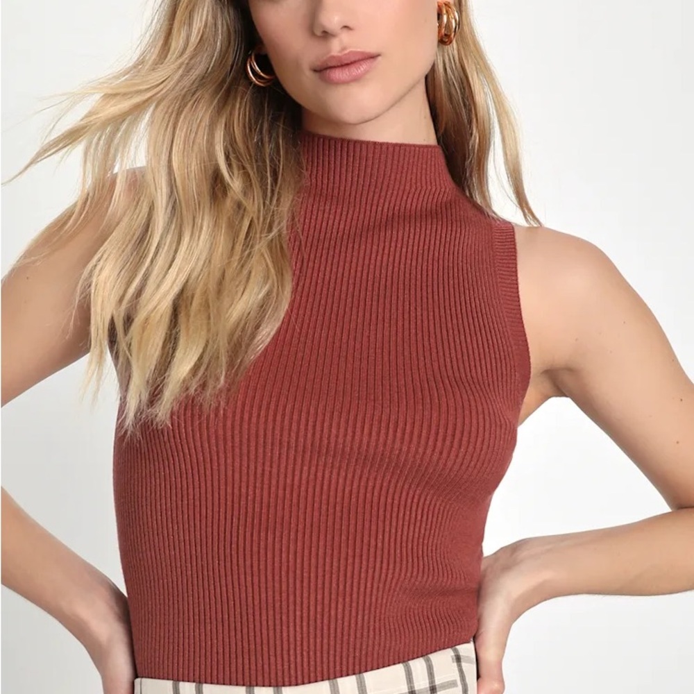 Lulu’s Seasonal Sophistication Rust Ribbed Mock Neck Sweater Tank Top